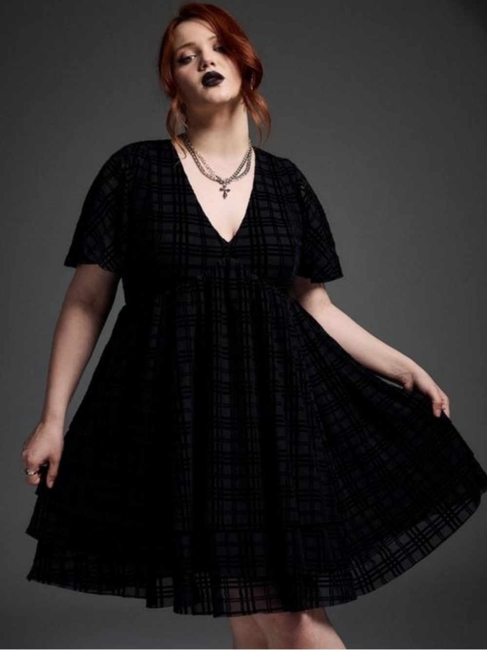 Torrid Nightfall Edgey Plaid Deep Black Mesh Tiered Gothic Babydoll Dress Sz 1X
